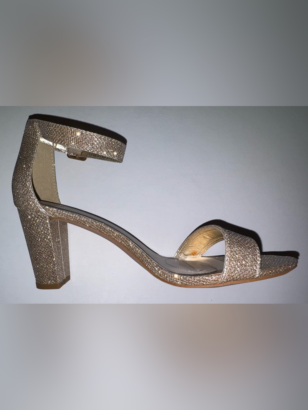 David's Bridal Gold Glitter Ankle-Strap Block Heel Sandals - Picture 7 of 13
